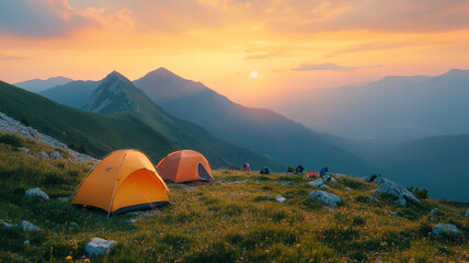 tourist tent camping in mountains
