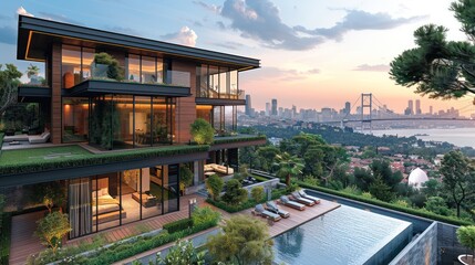 Modern House with Infinity Pool Overlooking Cityscape and Bridge