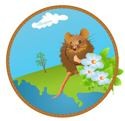 Icon and t-shirt print design with a little mouse starting to explore a new world. Vector illustration.