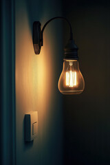 Eine an der Wand hängende Glühbirne mit einem elektrischen Schalter davor