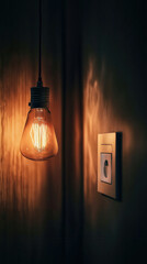 Eine an der Wand hängende Glühbirne mit einem elektrischen Schalter davor