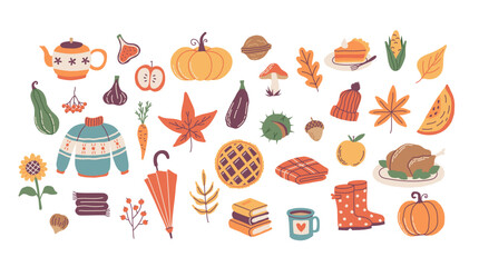 Autumn elements set, cute hand drawn seasonal objects. Vector illustration in flat style