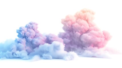 Obraz premium Abstract colorful smoke clouds in pink and blue hues on a white background, creating an artistic and dreamy visual effect.