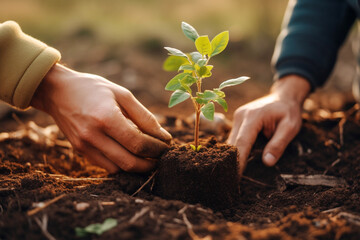 Two gardeners hands planting a young plant seedling together, nurturing new life and growth