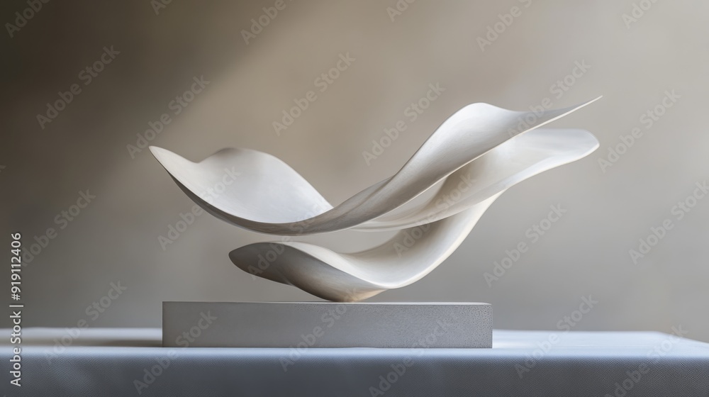 Poster A beautifully balanced modern sculpture with flowing lines and smooth curves set against a simple backdrop.