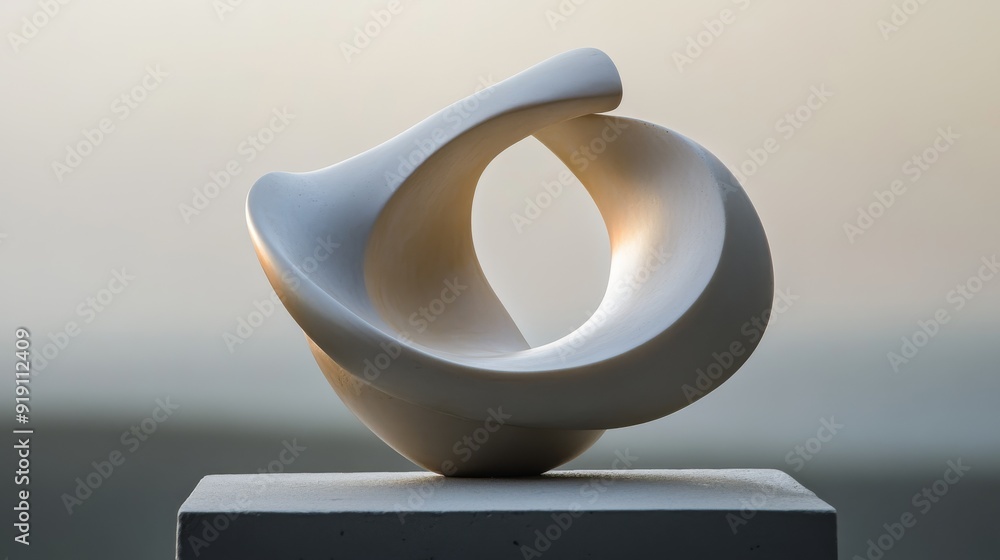 Poster A beautifully balanced modern sculpture with flowing lines and smooth curves set against a simple backdrop.