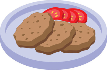 Plate with three grilled cutlets and sliced tomatoes isometric icon