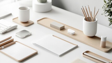 Minimalist desk setup with perfectly aligned stationery items and a sleek organizer, showcasing an organized and balanced workspace.