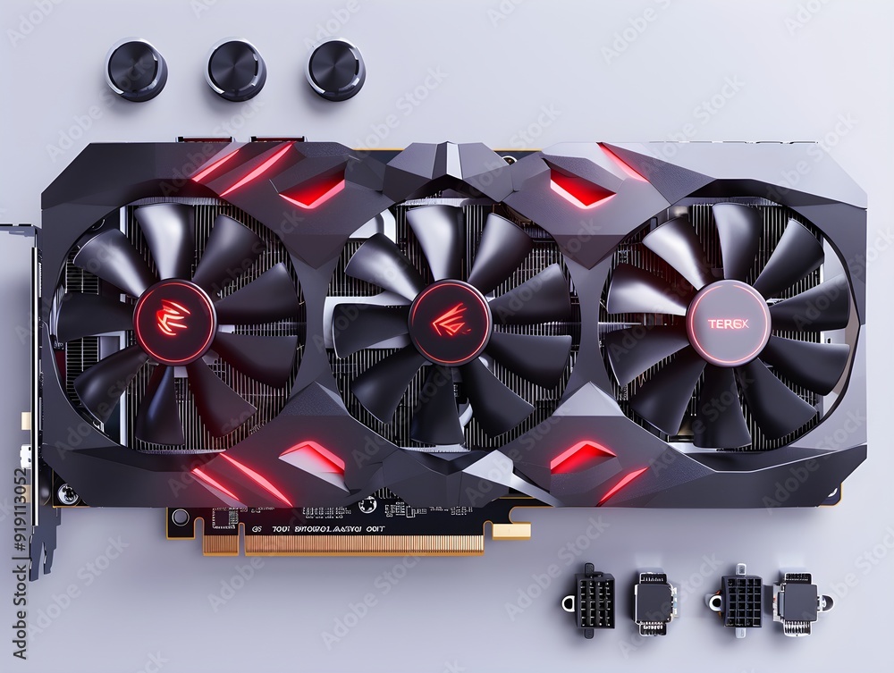 Fototapete High-performance graphics card with three cooling fans and modular connectors on a light background
