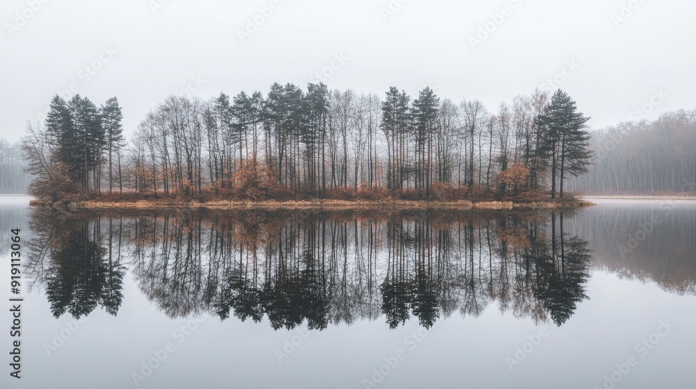 Poster symmetrical reflections of trees in a serene lake, capturing a peaceful and balanced natural scene.