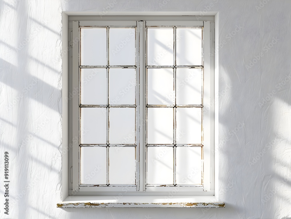 Poster a rustic white window with grid panes and minimalistic design in a bright interior room with soft sh