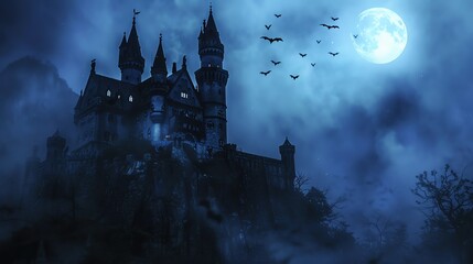 Eerie castle on a misty night with full moon and flying bats. Gothic architecture surrounded by dark and mysterious atmosphere.
