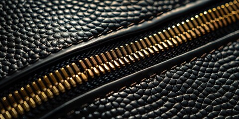 Closeup of a gold zipper on black leather.