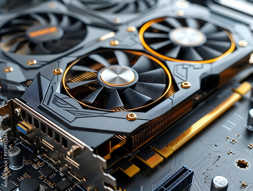 Poster high-performance graphics card detail on a computer motherboard during assembly
