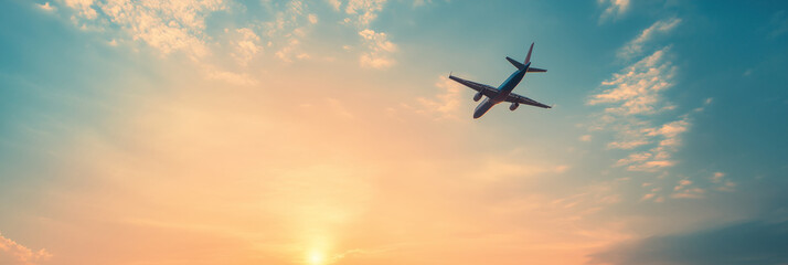 Naklejka premium passenger airplane flying away to sky-high altitude during sunset with copy space