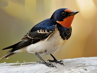 Obraz premium A close-up of a vibrant barn swallow perched on a weathered log in soft morning light