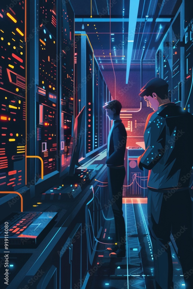 Poster a pair of individuals standing in front of a desk with a computer, ideal for illustrations on techno