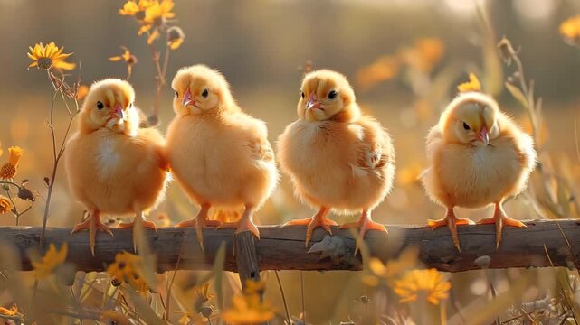 Four baby chicks are standing on a wooden post in a field of yellow flowers. Concept of innocence and simplicity, as the chicks are small and unassuming, yet they are surrounded by a beautiful