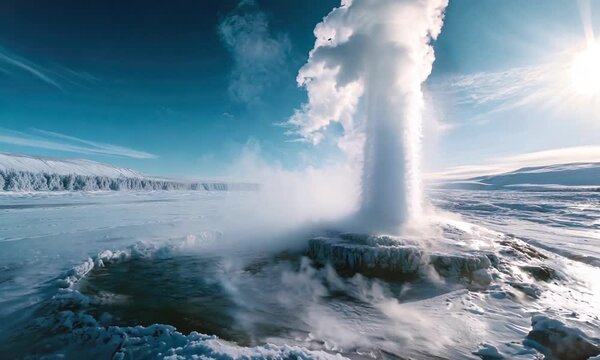 natural phenomenon geyser in winter landscape