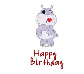 Happy hippo winking with heart