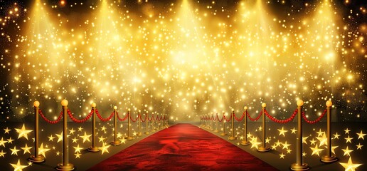 Red carpet with golden lights and stars. Perfect for awards ceremony, premiere, or celebrity event.