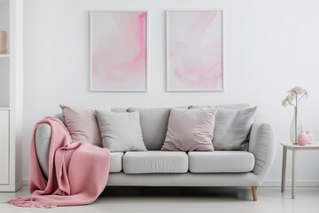 A gray couch with pink pillows and a pink blanket on it, generative ai.
