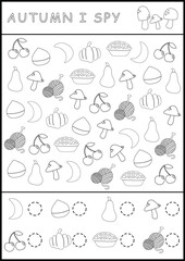 Fall printable worksheet in black and white. I spy game page for children. Searching and counting activity with drawing symbols. Autumn simple spotting coloring page