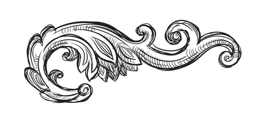 Hand drawing design element in baroque style. Vector isolated illustration. Vintage decorative architectural detail, design ornate element in old fashioned style for decoration, print and design.