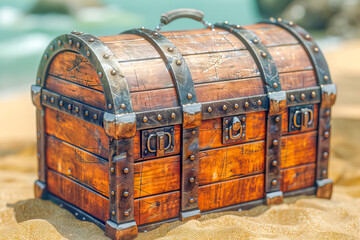 Old wooden treasure chest resting on the sand of a beach