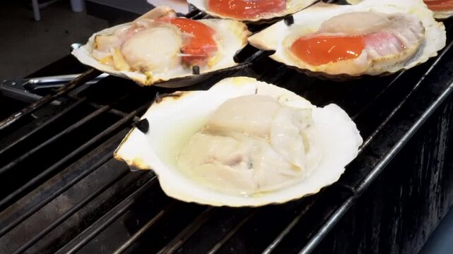 Charcoal grilling hotate Japanese large scallop Japan street food seafood