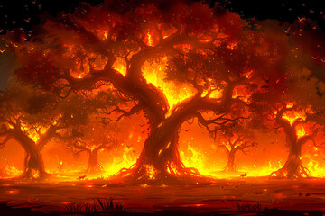 Wildfire burning down trees in forest at night