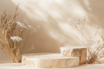 Abstract nature scene Stone podium composition and dry flower on beige brown background for cosmetic, beauty product branding, perfume, skin care and cosmetic backdrop. with generative ai