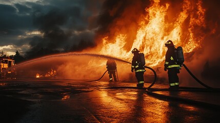 4 firefighters battle a roaring blaze. 2 fire hoses shooting water