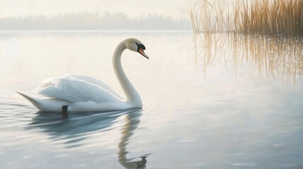 Fototapeta premium Graceful Swan Gliding on Tranquil Lake - Stunning Nature Photography