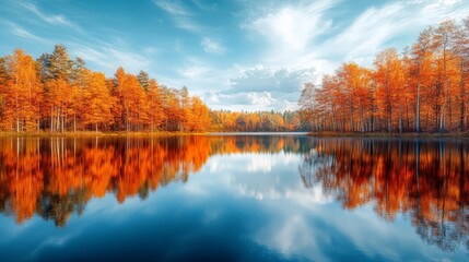 Autumn Trees Reflected in a Calm Lake Under a Blue Sky