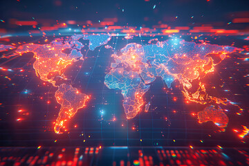 Neon world map glowing on digital interface