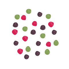 Groups of several peppercorns of different colors green and black pepper, pink Brazilian or Peruvian. Flat doodle vector illustration. Side view.