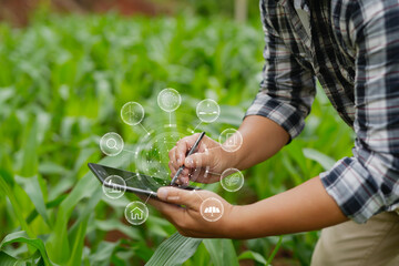 Hands of farmer, Agriculture technology farmer man using tablet Modern technology concept agriculture.