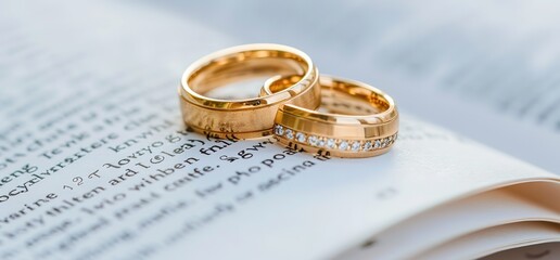 Two gold wedding bands on an open book, symbolizing commitment and love.