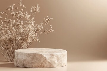 Abstract nature scene Stone podium composition and dry flower on beige brown background for cosmetic, beauty product branding, perfume, skin care and cosmetic backdrop. with generative ai