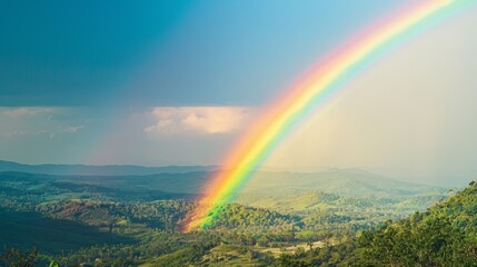 Obraz premium A vibrant rainbow arching across a clear sky over a lush landscape, symbolizing hope, diversity, and the spectrum of success