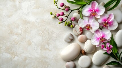 Pink Orchids and Smooth Stones on a Textured Background