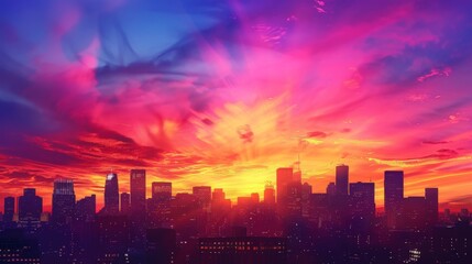 A vibrant sunrise over a city skyline, with buildings outlined against a backdrop of brilliant colors
