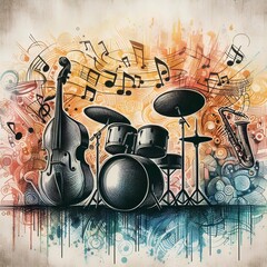 Jazz music street art with drums musical instrument silhouette.