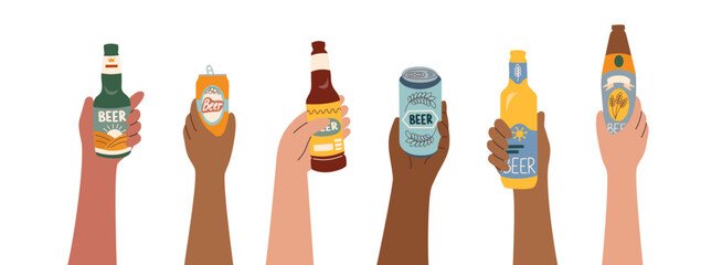 Set of beer bottles in human hands different skin tones isolated on white background. Oktoberfest concept. Beer festival concept. Drinks concept.