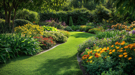 "Lush landscaped garden featuring a vibrant flowerbed and colorful plants, creating a visually appealing and serene outdoor space."