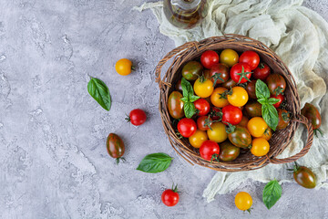 Multi-colored tomatoes in wickerwork basket. Different types of fresh tomatoes