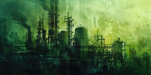 Fototapeta premium Silhouetted industrial complex against green sky.