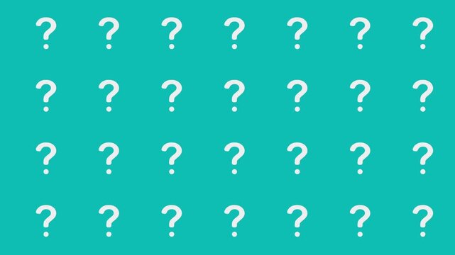 Seamless loop animation of vibrant teal background filled with rows of white question marks, evenly spaced, creating sense of mystery or inquiry, Ideal for use in presentations