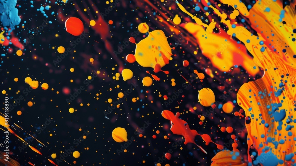 Poster an abstract paint splatter background with bold, dynamic colors creating a sense of movement and cre